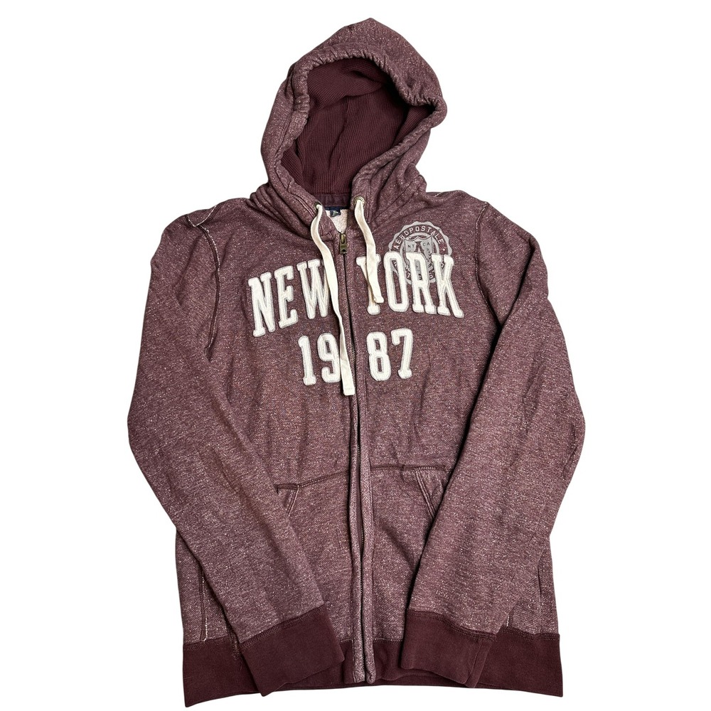 Aeropostale Hoodie Mens Medium Red New York 1987 Full Zip Fleece Sweatshirt